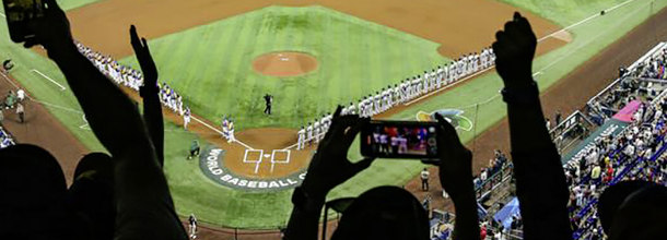 Fans celebrate at a game during the World Baseball Classic