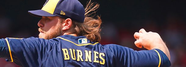 Milwaukee Brewers pitcher Corbin Burnes in action on the mound in an MLB game