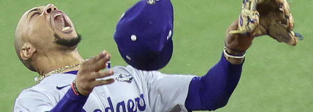 Los Angeles Dodgers baseball star Mookie Betts celebrates winning the World Series