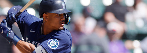 Seattle Mariners baseball star Julio Rodriguez on the plate in an MLB game