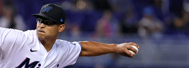 Miami Marlins pitcher Luzardo in action on the mound in an MLB game