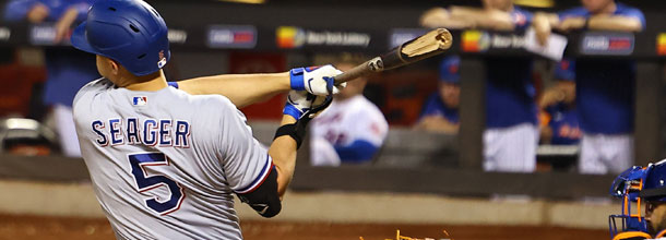 Texas Rangers baseball star Corey Seager in action in an MLB game