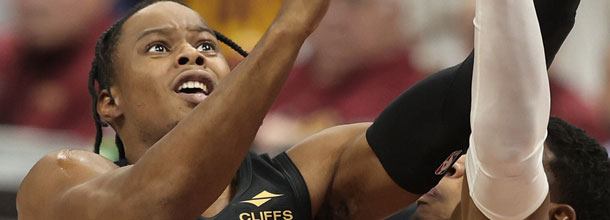 Cleveland Cavaliers basketball star Okoro action in an NBA game