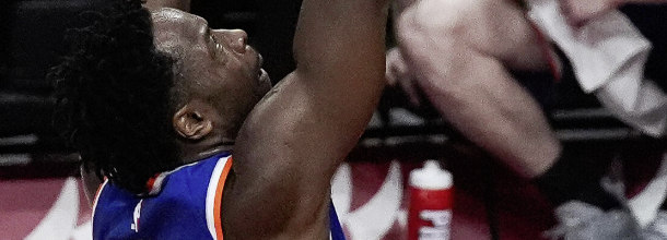 New York Knicks basketball star Anunoby in action in an NBA game
