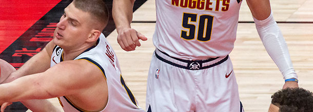 Denver Nuggets basketball star Nikola Jokic in action in the NBA Finals series against the Miami Heat