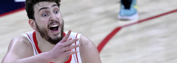 Houston Rockets basketball player Sengun in action in an NBA playoffs games against the Golden State Warriors