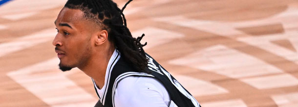 San Antonio Spurs basketball player Stephon Castle in action in an NBA game