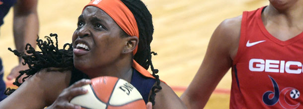 Connecticut Sun basketball star Jonquel Jones in action during a WNBA game