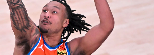 Oklahoma City Thunder basketball player Jalen Williams in action in an NBA playoffs