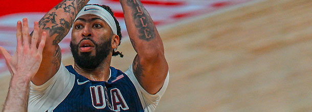 USA basketball star Anthony Davis in action in a warm up game ahead of the Paris Olympic Games