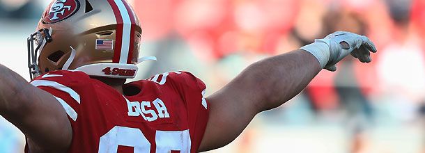 San Francisco 49ers star Nick Bosa celebrates a sack in an NFL game