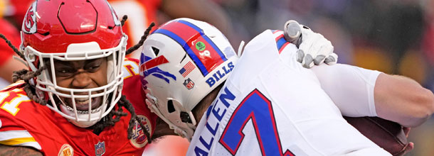 Football players from the Buffalo Bills and the Kansas City Chiefs in action in an NFL game