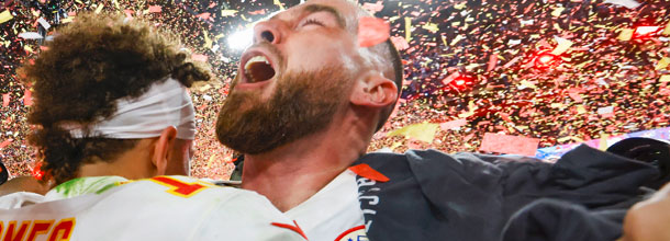 Kansas City Chiefs NFL stars Mahomes and Kelce celebrate winning Super Bowl LVII