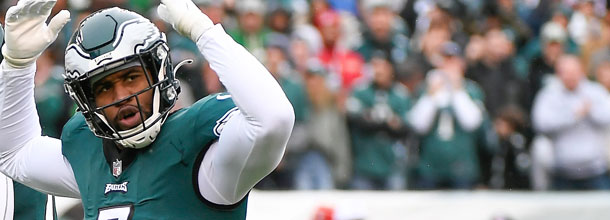 Philadelphia Eagles football star Haason Reddick celebrates a sack in an NFL game