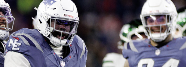 New England Patriots DE Barmore celebrates a s ack in an NFL game