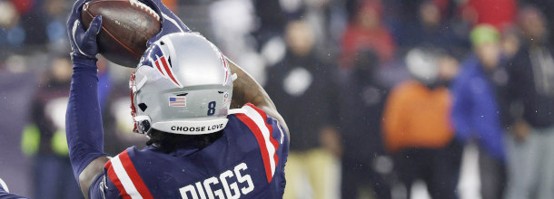 New England Patriots WR Stefon Diggs catches a touchdown pass in the Divisional Round win over the Houston Texans