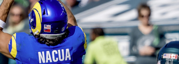 Los Angeles Rams WR Puka Nacua catches a touchdown pass in the NFL