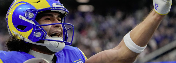 Los Angeles Rams WR Puka Nacua celebrates a touchdown in an NFL game