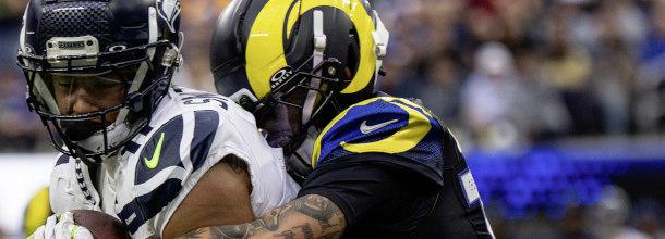 Seattle Seahawks and Los Angeles Rams players in action in an NFL game