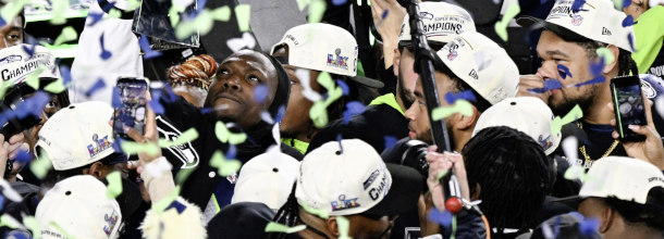 Seattle Seahawks players celebrate winning Super Bowl LX against the New England Patriots