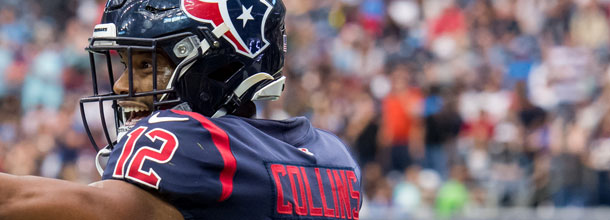 Houston Texans WR Nico Collins looks happy during an NFL game