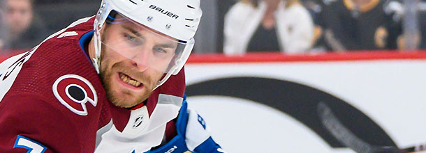 Colorado Avalanche ice hockey star Devon Toews action in an NHL game