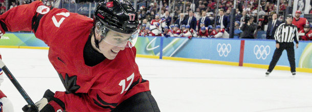 Canada ice hockey star Celebrini in action at the 2026 Winter Olympic Games