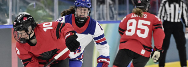 Ice hockey players from Tean Canada and Team USA in action at the 2026 winter Olympic Games