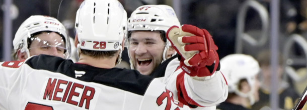New Jersey Devils ice hockey stars celebrate a goal in the NHL