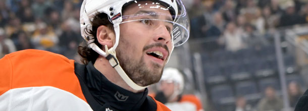 Philadelphia Flyers ice hockey star Noah Cates in action on the NHL ice