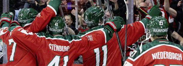 Ice hockey players from Frolunda celebrate winning the Champions Hockey League