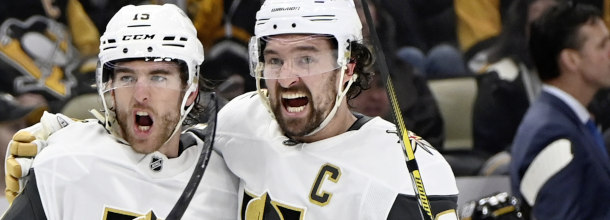 Vegas Golden Knights ice hockey stars Hanafin and Stone in action in the NHL.