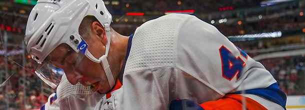 New York Islanders ice hockey star Pageau looks sad after a loss on the NHL ice
