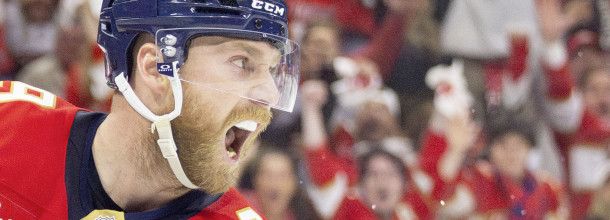 Florida Panthers ice hockey star Bennett shouts for joy during an NHL playoffs game against the Toronto Maple Leafs