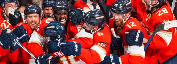 Florida Panthers NHL ice hockey players celebrates a win in the Stanley Cup