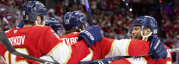 Florida Panthers ice hockey players celebrate a win in the NHL playoffs