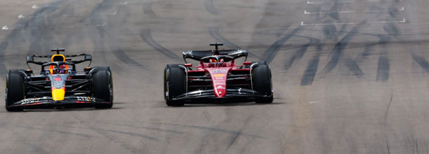 Formula 1 drivers Max Verstappen and Charles Leclerc in action in a Grand Prix