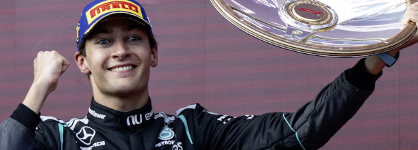 Formula 1 star George Russell celebrates his win at the Australian Grand Prix