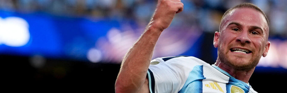Argentina soccer star Alexis Macallister celebrates a goal at the FIFA World Cup