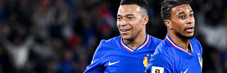 France soccer superstars Kyllian Mbappe and Michael Olise in action in a World Cup qualifying game