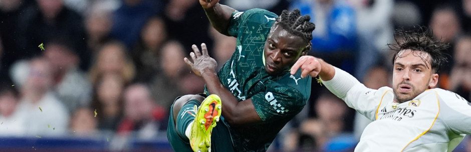 Players from Real Madrid and Manchester City battle for the ball in the Uefa Champions League