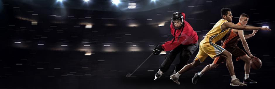 Basketball and ice hockey players in action