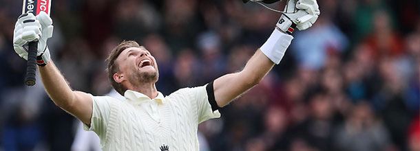 An England cricketer celebrates a test match victory over India