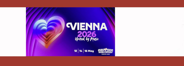 The official logo of the ESC 2026 in Vienna and an Austrian flag