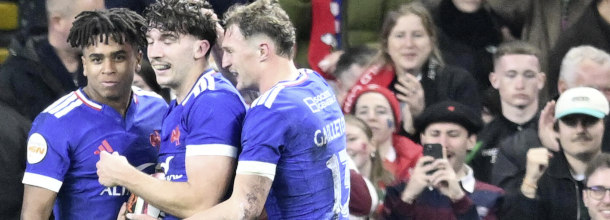 France rugby union players in action in a Six Nations inernational game