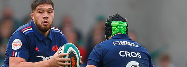 A France rugby union player in action in a Six Nations inernational game