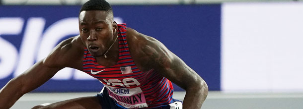 USA 110m hurdler Grant Holloway in action at the indoor world championships