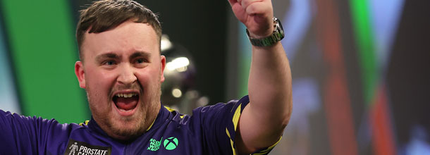 Darts star Luke Littler celebrates a win at the PDC World Darts Championship in Alexandra Palace