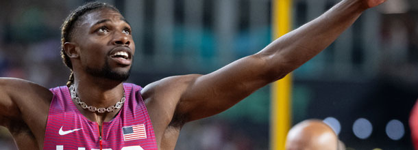 US athlete Noah Lyles celebrates victory in a 100m race