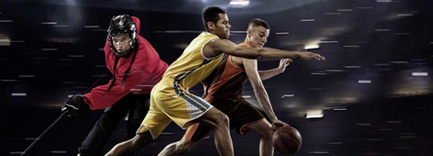 Ice hockey and basketball players in action